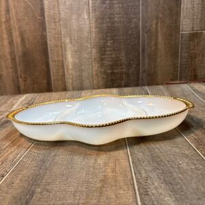 Vintage Fire-King Oven Ware Divided Milk Glass Dish Gold Trim USA 14‎
